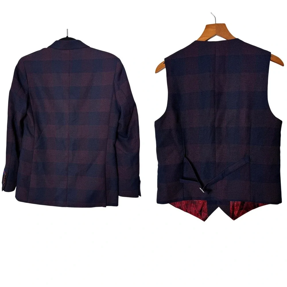 ELPA Boys‎ 2 Piece Formal Plaid Blazer and Vest Set Navy Burgundy Kids Size 18